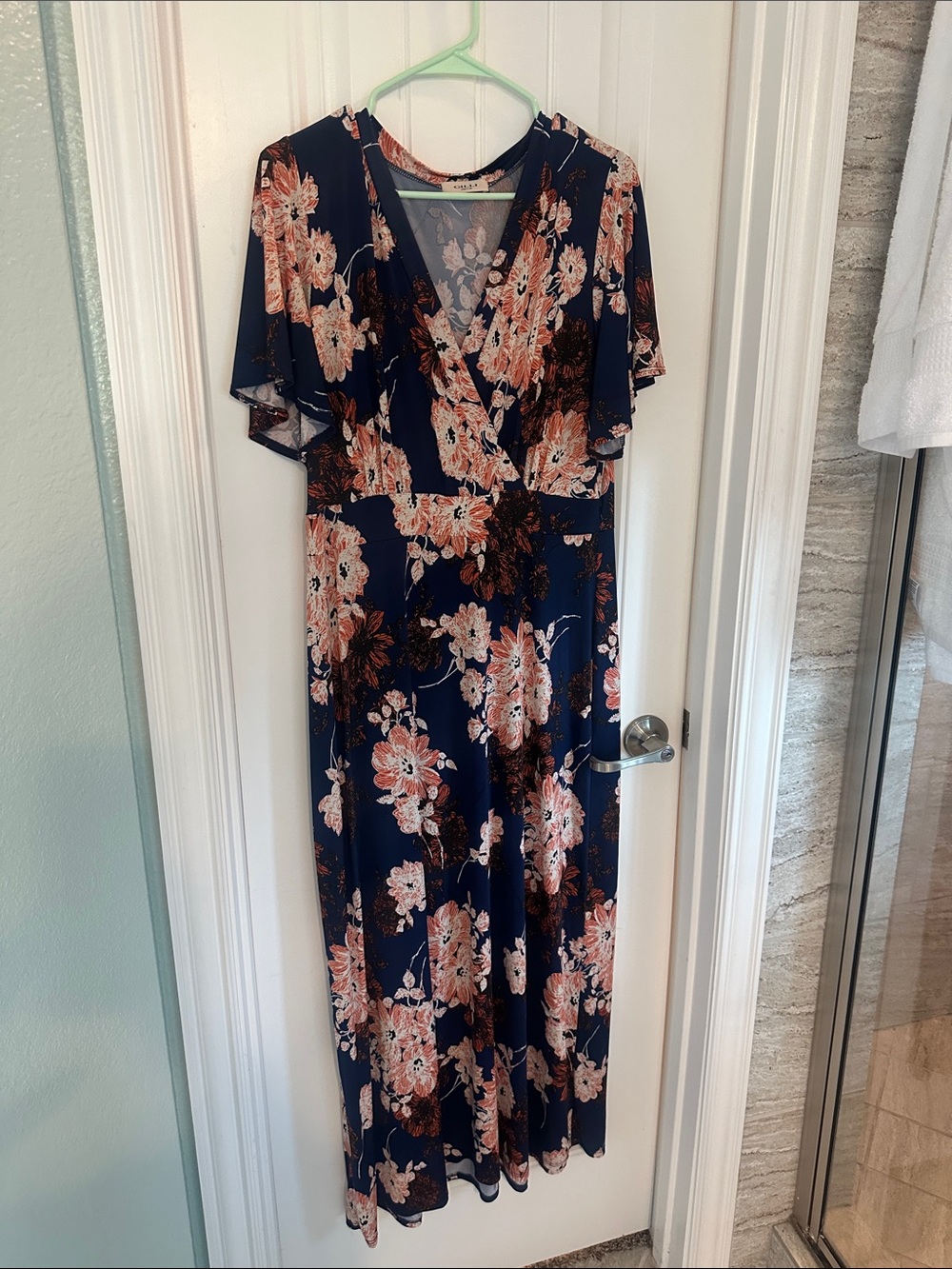 Gilli Navy Wrap Midi Dress with Pink Floral Print